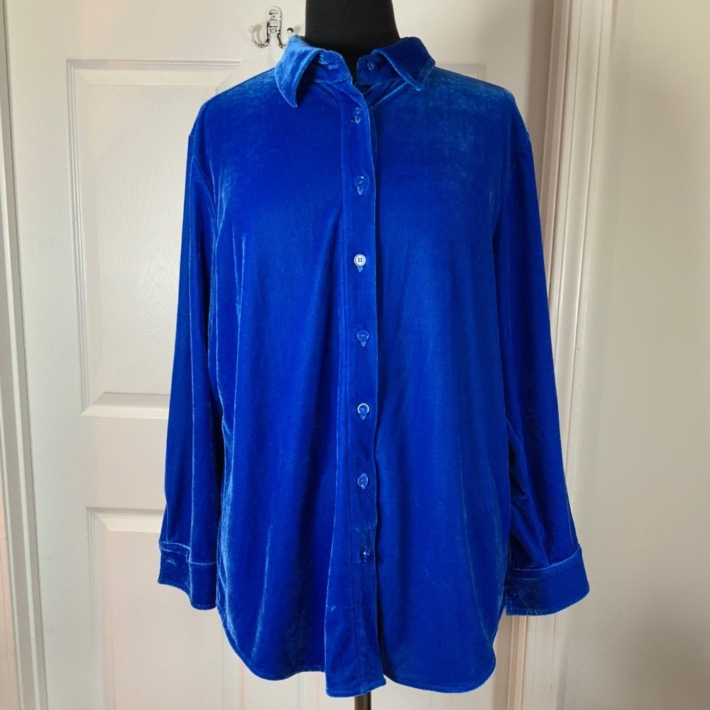 Soft Surroundings Velvet Coastal Blue Boyfriend Long Sleeve Tunic Top Size LP - Picture 2 of 10